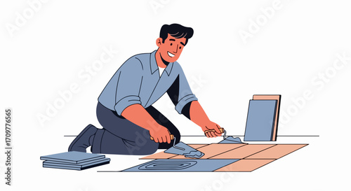 Worker installing tiles on floor with trowel, demonstrating floor tiling. Man performing floor tiling works, carefully spreading adhesive and positioning ceramic tiles.