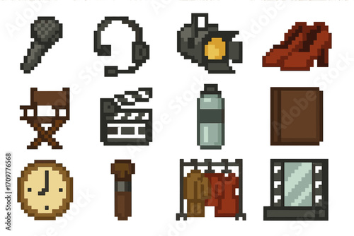 Film production pixel icon set. featuring microphone, headset, spotlight, director chair, clapperboard, and wardrobe