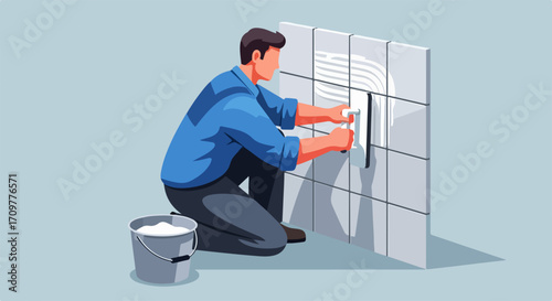 Professional tile installation of rectangular tiles on wall with adhesive. Tile installation shows worker applying mortar with notched trowel.