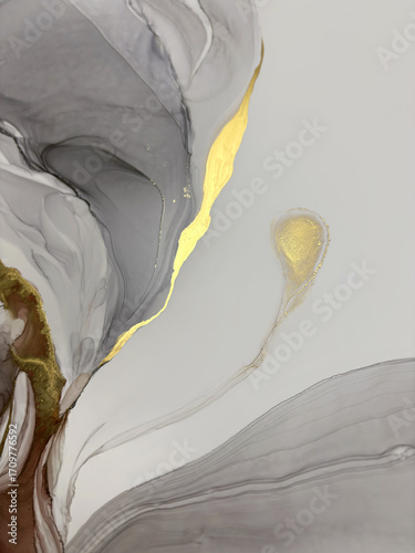 Abstract gray marble background with gold — monochrome transparent painting with potal. Beautiful smoky art made with alcohol ink. Grey natural fluid art texture resembles liquid cloud or watercolor.