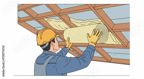 Thermal insulation setup by worker with insulation roll to keep buildings comfortable, this thermal insulation setup depicts professional installing insulation in ceiling with gloves.