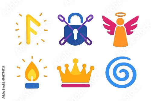 Mythical symbols glow icons set. featuring rune, beetle, angel, candle, crown, and spiral elements