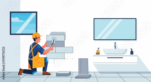 Bathroom renovation features tradesman tiling bathroom wall with tools, Bathroom renovation includes professional tradesman installing tiles with trowel on bathroom wall.