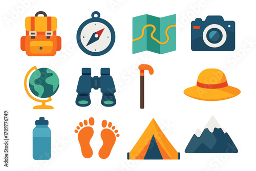 Travel and adventure flat icon set. featuring backpack, compass, map, camera, globe, and binoculars symbols