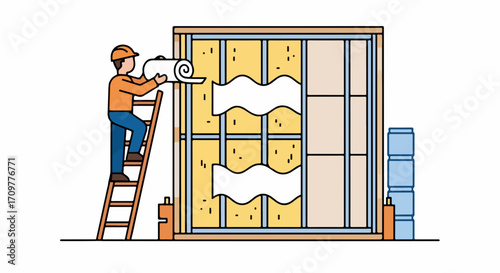 Worker installing insulation material for wall. Insulation material installation provides temperature management and energy efficiency for buildings and homes,