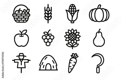 Farming and harvest linear icon set. featuring basket, wheat, corn, pumpkin, apple, grapes, sunflower, pear