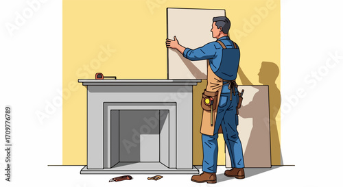 Craftsman installing paneling, showcasing home renovation, with precise measurements and careful fitting. Home renovation illustrated features skilled craftsman and detailed wall work,