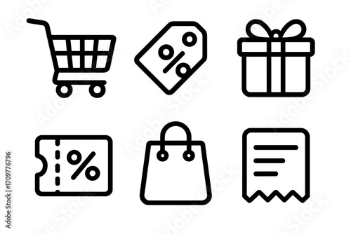 Shopping and discount linear icon set. featuring cart, tag, gift, coupon, bag, and receipt symbols