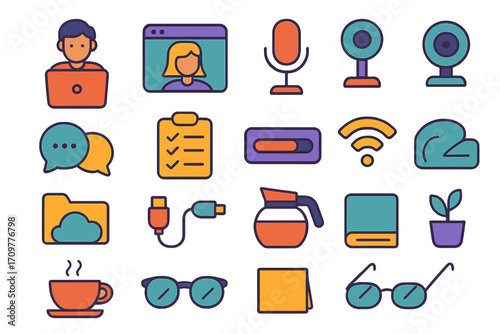 Office work flat icon set. featuring laptop, webcam, microphone, checklist, wi-fi, clipboard, and webcam symbols