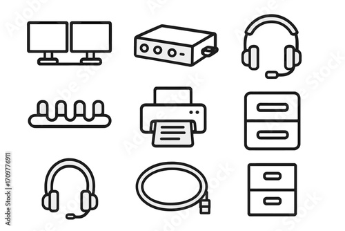 Office equipment linear icon set. featuring monitor, router, headset, usb hub, printer, and file cabinet symbols