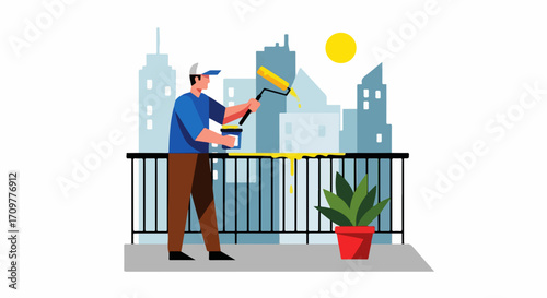Balcony painting with yellow paint and roller against city buildings. Balcony painting shows worker applying vibrant yellow to balcony railing, cityscape adding depth.