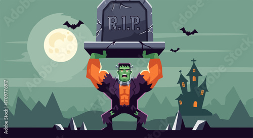 Halloween scene showing monster holding tombstone, Halloween celebration with spooky Frankenstein monster rising tombstone over his head, under moonlit night.