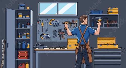 Man working in garage fixing tools, workshop scene with craftsman in blue shirt and apron. Garage scene shows organized workspace, tools, equipment and workbench.