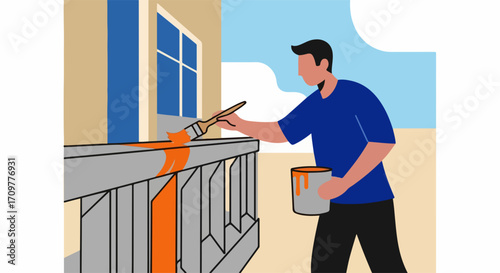 Painting fence with orange paint on bright, sunny day in suburban neighborhood. Painting fence makes renovation project enjoyable.