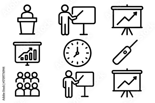 Business presentation linear icon set. featuring speaker, chart, audience, and remote symbols