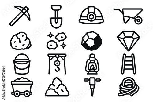Mining tools linear icon set. featuring pickaxe, shovel, helmet, wheelbarrow, rock, and lantern symbols