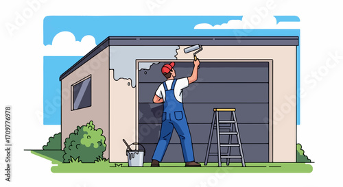 Home improvement project shows painter painting garage with paint roller, improving property. Home improvement includes overalls, paint bucket, ladder, and painting garage walls with a paint roller.