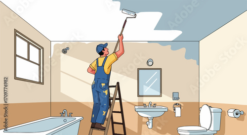 Painter painting bathroom ceiling using roller, renovation shown. Painter doing renovation by improving room with blue paint, walls are prepped and ladder is in place.