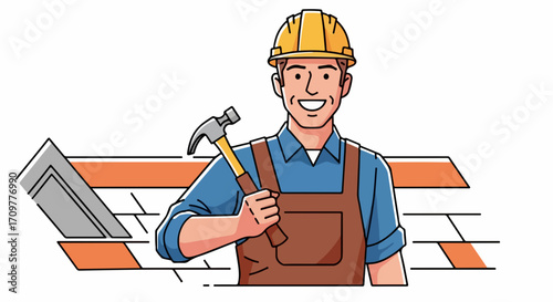 Smiling handyman at construction site with hammer in hand working on roof, construction site project. Sonriente manitas en la obra con martillo en mano trabajando en el techo,