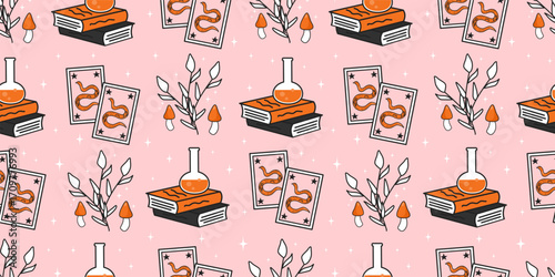 cute hand drawn halloween seamless vector pattern illustration with tarot cards with snakes and stars, branches and mushrooms, magic books and potion on pink background 