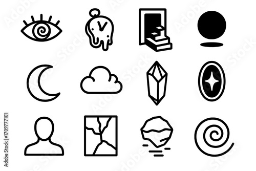 Mystical symbols linear icon set. featuring eye, melting clock, door, planet, moon, cloud, crystal, star, portrait, map, rock, spiral
