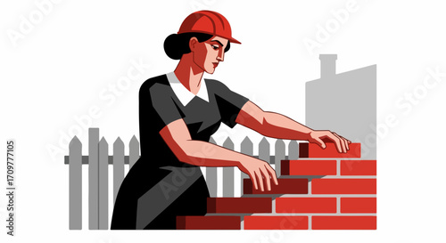 Building wall illustration depicts mason at work laying bricks. Building wall construction showing person constructing brickwork on house project. Building wall with bricklayer building house,