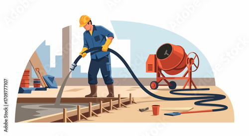 Construction worker pours concrete foundation for construction project, using concrete pump. Hardworking man at construction site pouring concrete, leveling,