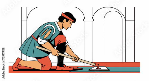 Historical character repairing floor with tools, depicted in a classic art style. Classic art presentation showing historical character restoring tile, with an old-fashioned method.