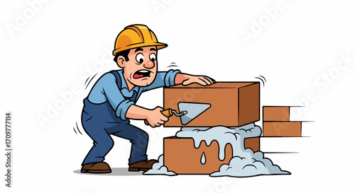 Construction worker installing bricks with cement, building construction, showing manual labor. Construction worker wearing helmet, is applying mortar to bricks, manual labor.