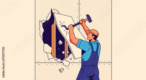 Depiction of demolition work featuring worker using hammer and crowbar to break through drywall. Demolition work shows strength and determination as renovation progresses, improving infrastructure.