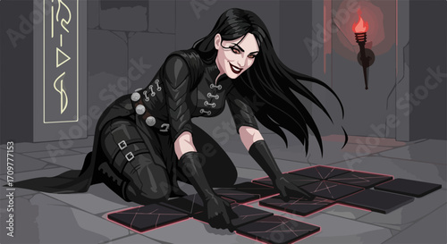 Mysterious dark sorceress working arcane puzzles on ancient stone floor, shrouded in shadow. Dark sorceress casts spells amidst the shadows, unlocking forbidden knowledge with arcane puzzles.