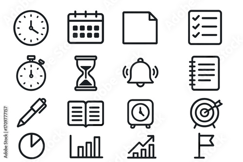 Time management flat icon set. featuring clock, calendar, checklist, notepad, pen, stopwatch, and alarm symbols