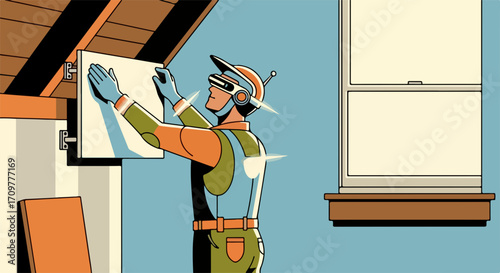 Home renovation depicted with repairman adjusting panels near roof, home renovation illustration. Wearing overalls, futuristic goggles and cap, home renovation tasks are done with precision.