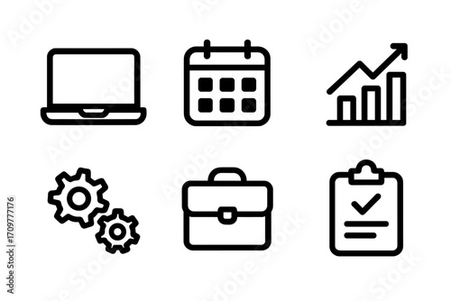 Business management linear icon set. featuring laptop, calendar, growth, gears, briefcase, checklist symbols