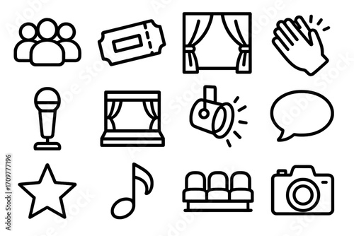 Theater and performance linear icon set. featuring audience, ticket, curtain, clapping, and microphone symbols