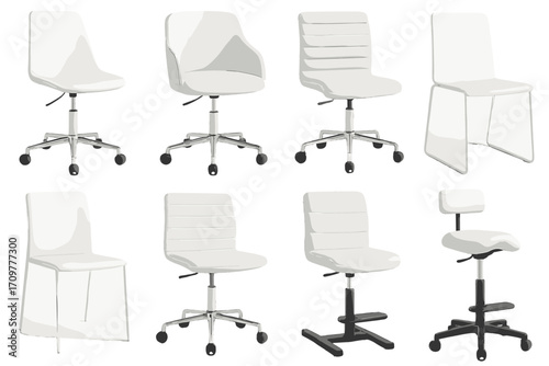 Office chairs silhouette icon set. featuring swivel, ergonomic, conference, stacking, padded, and drafting chair symbols