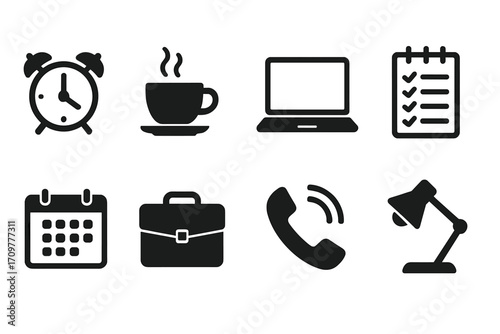 Office essentials silhouette icon set. featuring alarm, coffee, laptop, checklist, calendar, briefcase, phone, lamp
