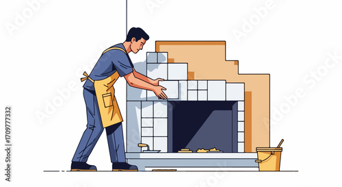 Installation process. Fireplace installation by construction worker in uniform. Professional fireplace installation with tiles for home improvement.