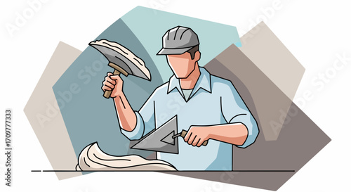Construction worker with trowel plastering, cement man smoothing a wall for building. Construction worker on job, renovating facade for architecture.