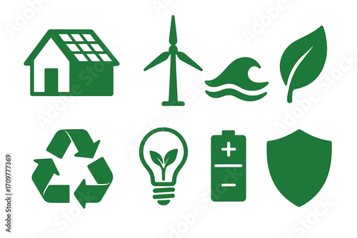 Eco and energy linear icon set. featuring house, windmill, water wave, leaf, recycling, light bulb, battery, shield