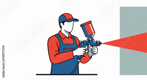 Cartoon spray painter using airbrush, applying paint to wall in flat style. Spray painter action is captured in this illustration for construction and home improvement.