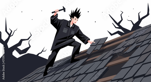 Roofer replacing shingles on a roof after storm damage. Roofer in action hammering a new shingle. Concept of a roofer working on residential construction in autumn with trees,