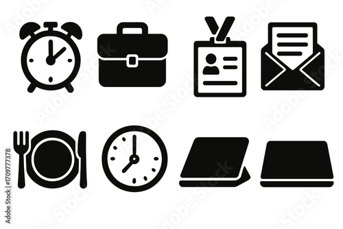 Office essentials silhouette icon set. featuring alarm clock, briefcase, id, envelope, dining, clock, folder, and laptop