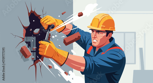 Construction worker smashing wall with chisel in demolition scene. Construction worker in hard hat aggressively destroying wall, scattering debris, signifying strength and expertise.