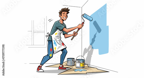 Smiling man painting walls, painting walls in light blue, with roller and can of paint. Painting walls turns home renovation into refreshing activity,