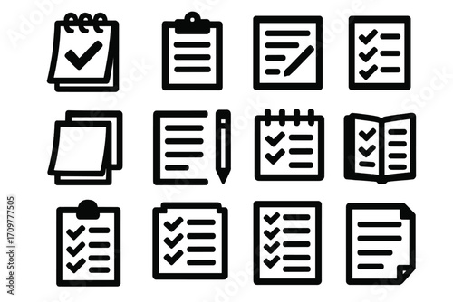 Productivity tools silhouette icon set. featuring checklist, clipboard, notes, planner, and task symbols
