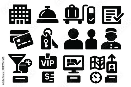 Hotel and hospitality silhouette icon set. featuring building, bell, luggage, check-in, credit card, and key symbols