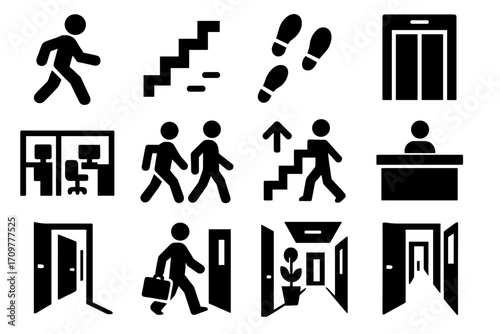 Office navigation silhouette icon set. featuring stairs, elevator, footsteps, walking, and doors