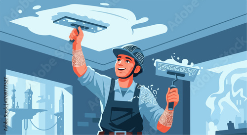 Interior painting, painter applying paint on ceiling, using roller. Interior painting involves meticulous application. Interior painting concept for home improvement and renovation projects,