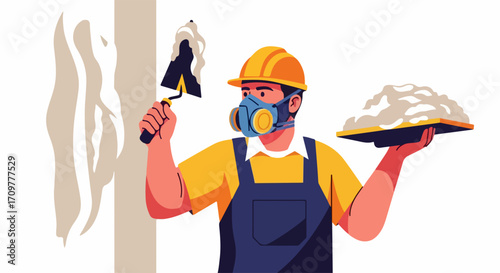 Construction worker plastering wall with trowel and putty, wearing protective gear. Construction worker demonstrates his craft with wall putty, showing tools and safety equipment.